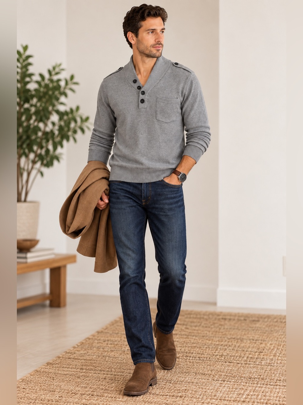 Andre Badi Mens Sweater XL Gray Cotton Henley Shawl Collar Office Date Night